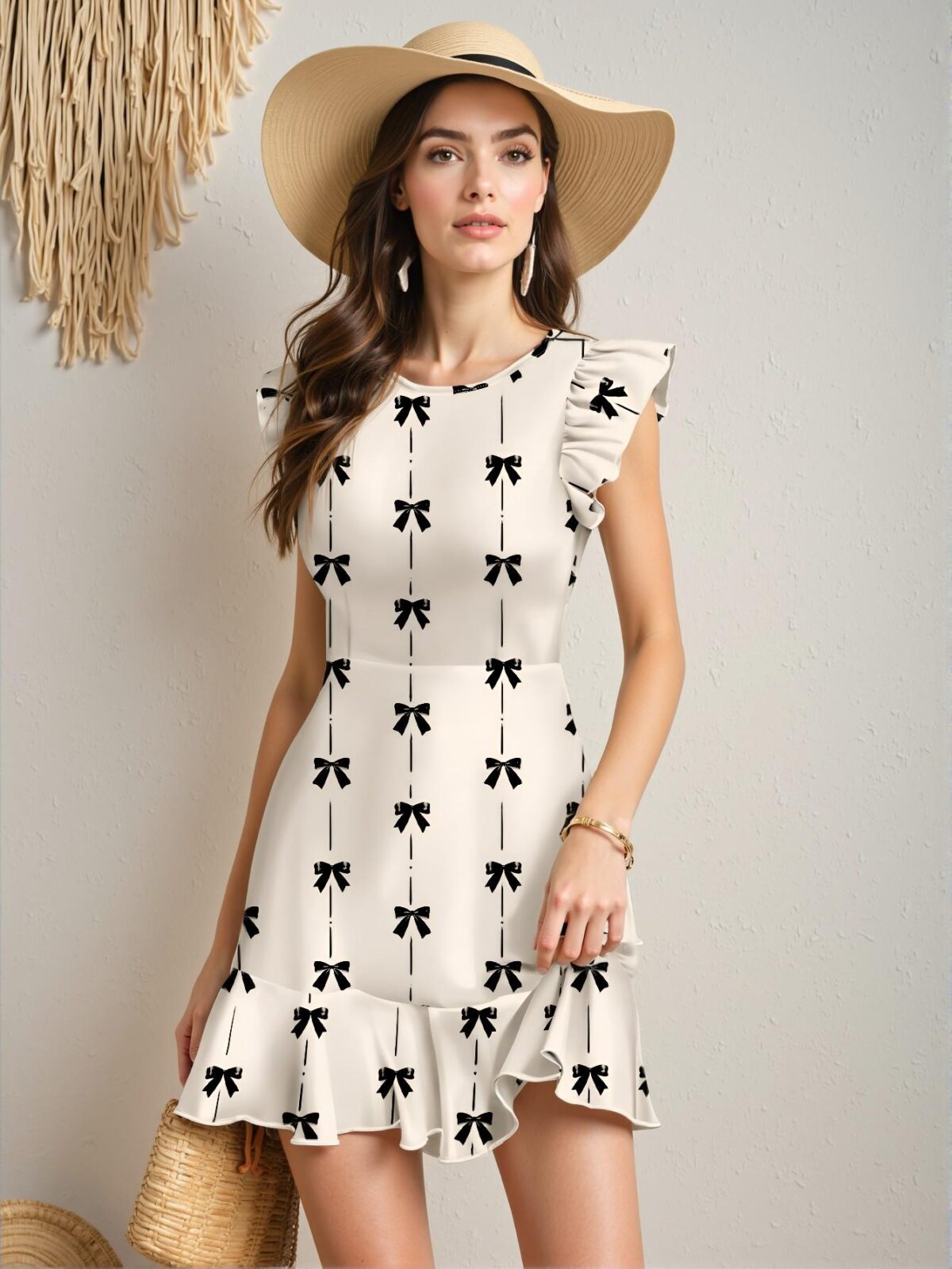 Elegant Apricot Ruffled Hem Mini Dress with Bow Print for Women - Perfect for Spring and Summer Chic, Classy and Trendy Fashion Style to Dress to Impress - Image 3