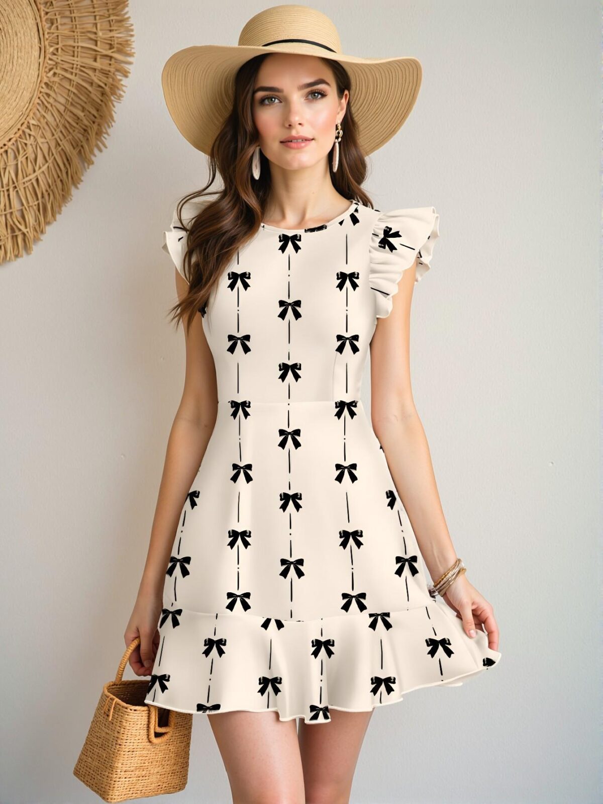 Elegant Apricot Ruffled Hem Mini Dress with Bow Print for Women - Perfect for Spring and Summer Chic, Classy and Trendy Fashion Style to Dress to Impress - Image 4