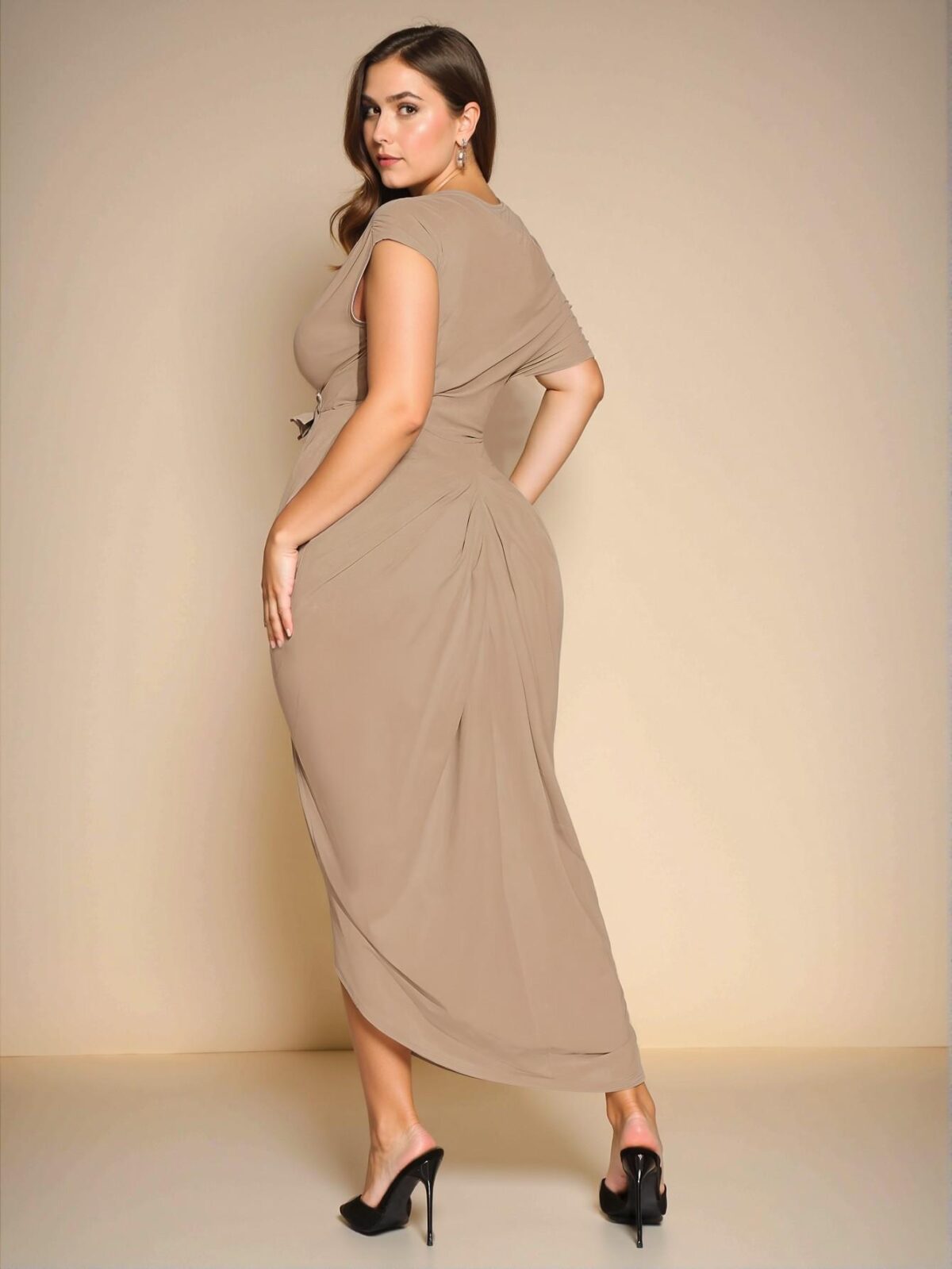 Elegant Khaki Off-Shoulder Draped Midi Dress with Gathered Details and Irregular Hem for Spring and Summer Celebrations - Chic, Classy, and Trendy Fashion Style to Dress to Impress - Image 2
