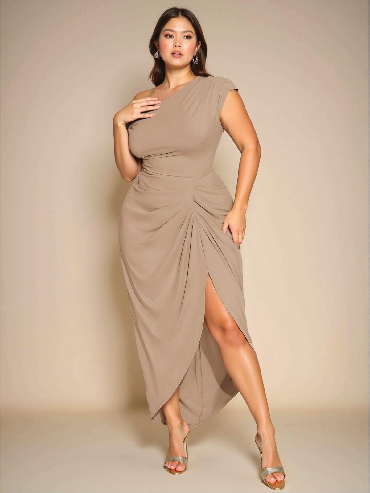 Elegant Khaki Off-Shoulder Draped Midi Dress with Gathered Details and Irregular Hem for Spring and Summer Celebrations - Chic, Classy, and Trendy Fashion Style to Dress to Impress - Image 4