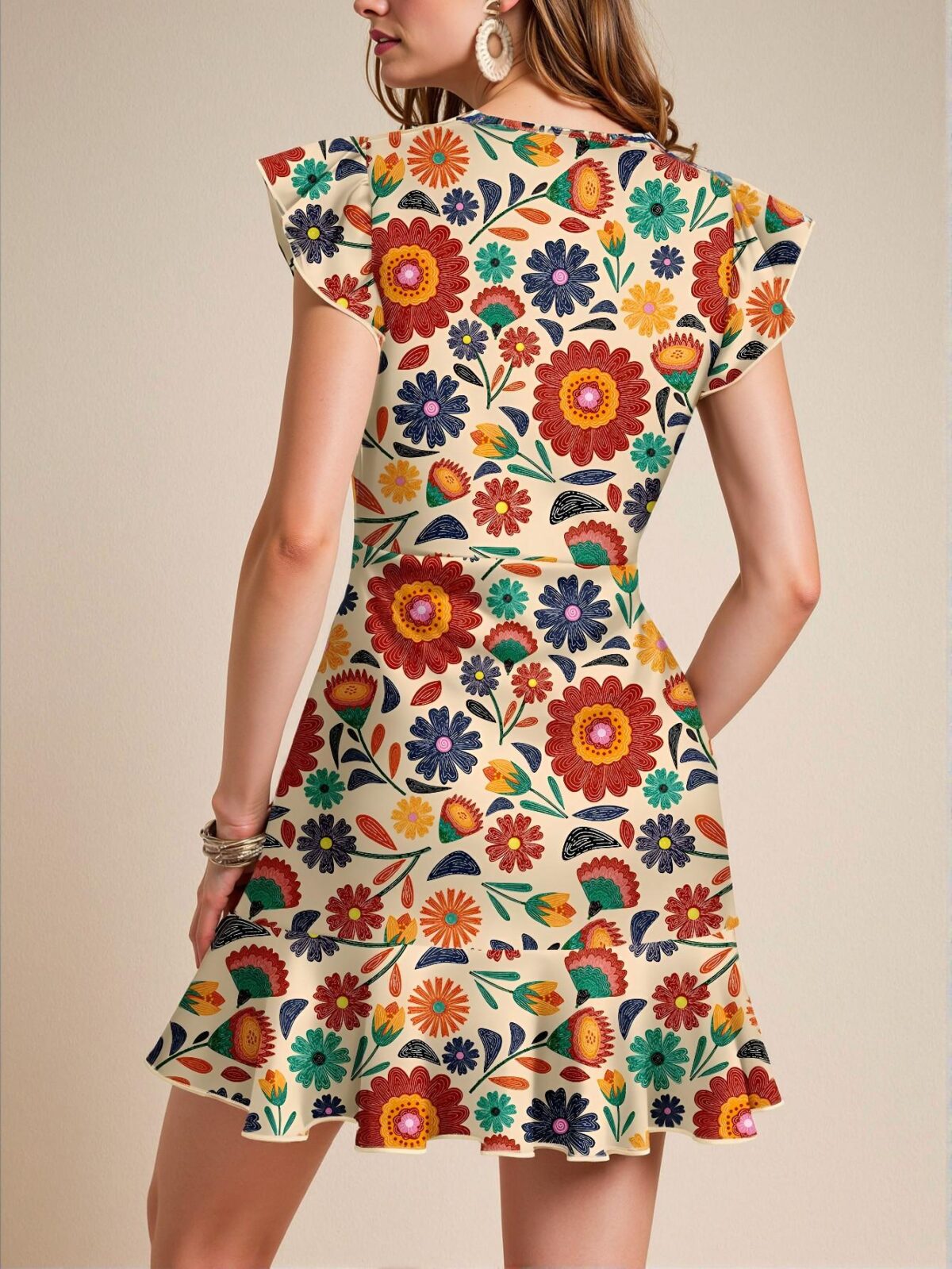 Elegant Multicolor Boho Ruffle Hem Short Dress with Cap Sleeves for Summer Vacations and Classy Outfits - Chic, Classy and Trendy Fashion Style to Dress to Impress - Image 2
