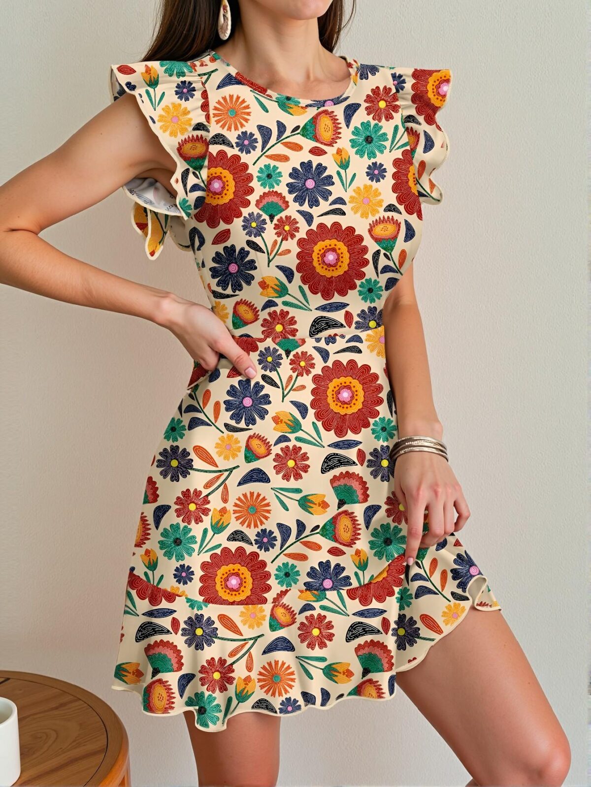 Elegant Multicolor Boho Ruffle Hem Short Dress with Cap Sleeves for Summer Vacations and Classy Outfits - Chic, Classy and Trendy Fashion Style to Dress to Impress - Image 3