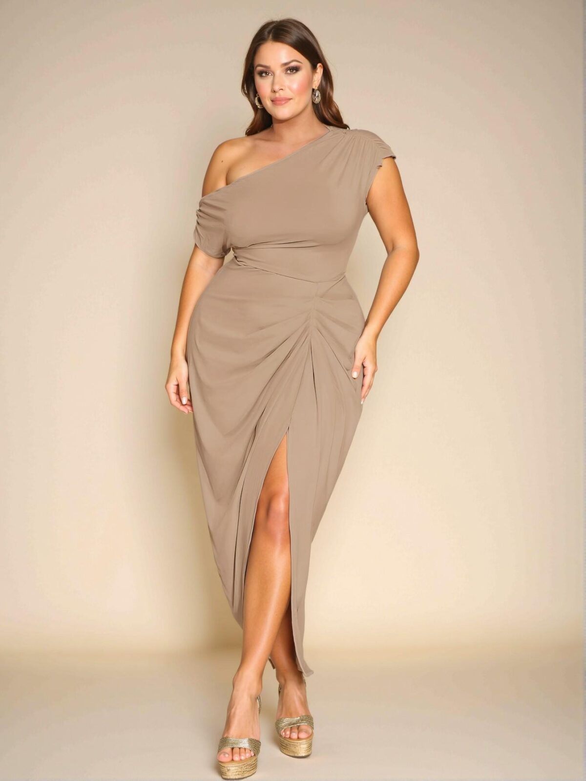 Elegant Khaki Off-Shoulder Draped Midi Dress with Gathered Details and Irregular Hem for Spring and Summer Celebrations - Chic, Classy, and Trendy Fashion Style to Dress to Impress - Image 5