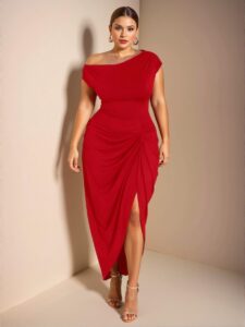 Elegant Red Off-Shoulder Draped Midi Dress with Asymmetric Hem and Split Thigh for Parties and Birthdays - Chic, Classy and Trendy Fashion Style to Dress to Impress