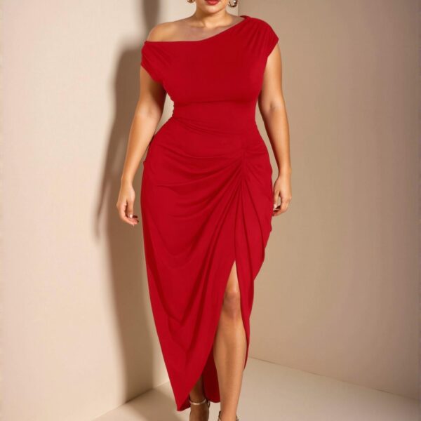 Elegant Red Off-Shoulder Draped Midi Dress with Asymmetric Hem and Split Thigh for Parties and Birthdays - Chic, Classy and Trendy Fashion Style to Dress to Impress
