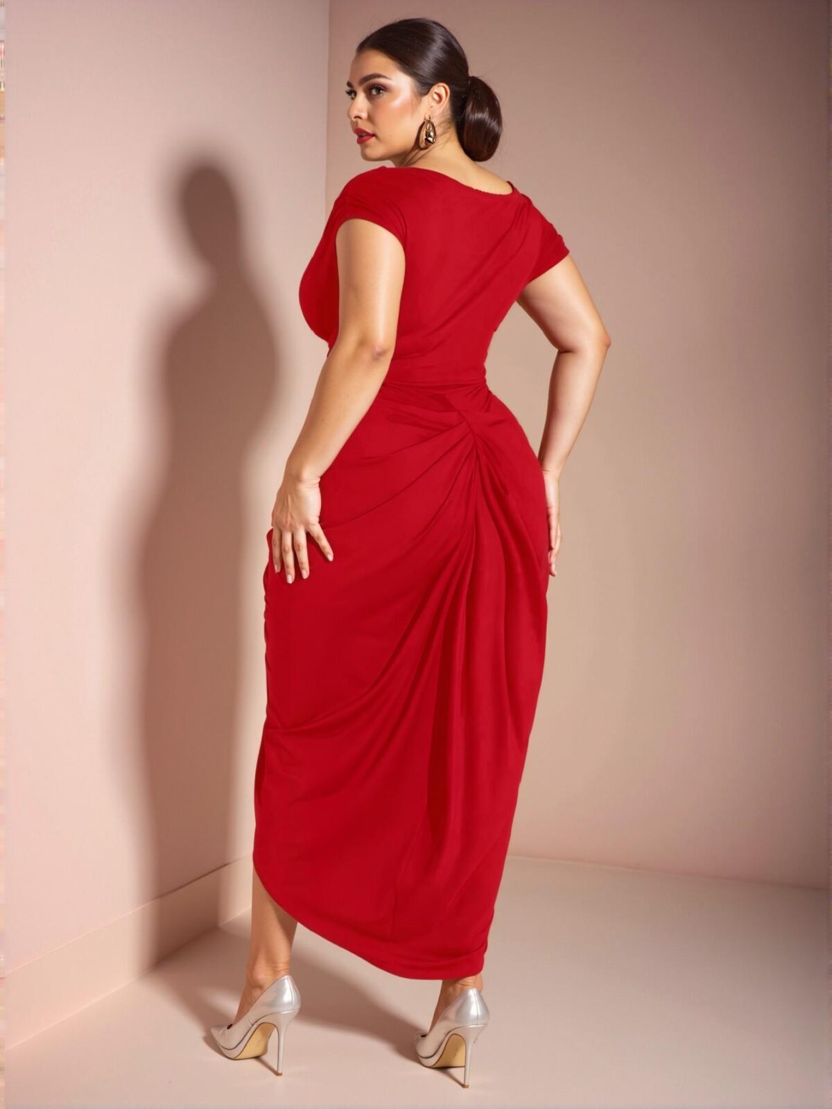 Elegant Red Off-Shoulder Draped Midi Dress with Asymmetric Hem and Split Thigh for Parties and Birthdays - Chic, Classy and Trendy Fashion Style to Dress to Impress - Image 2