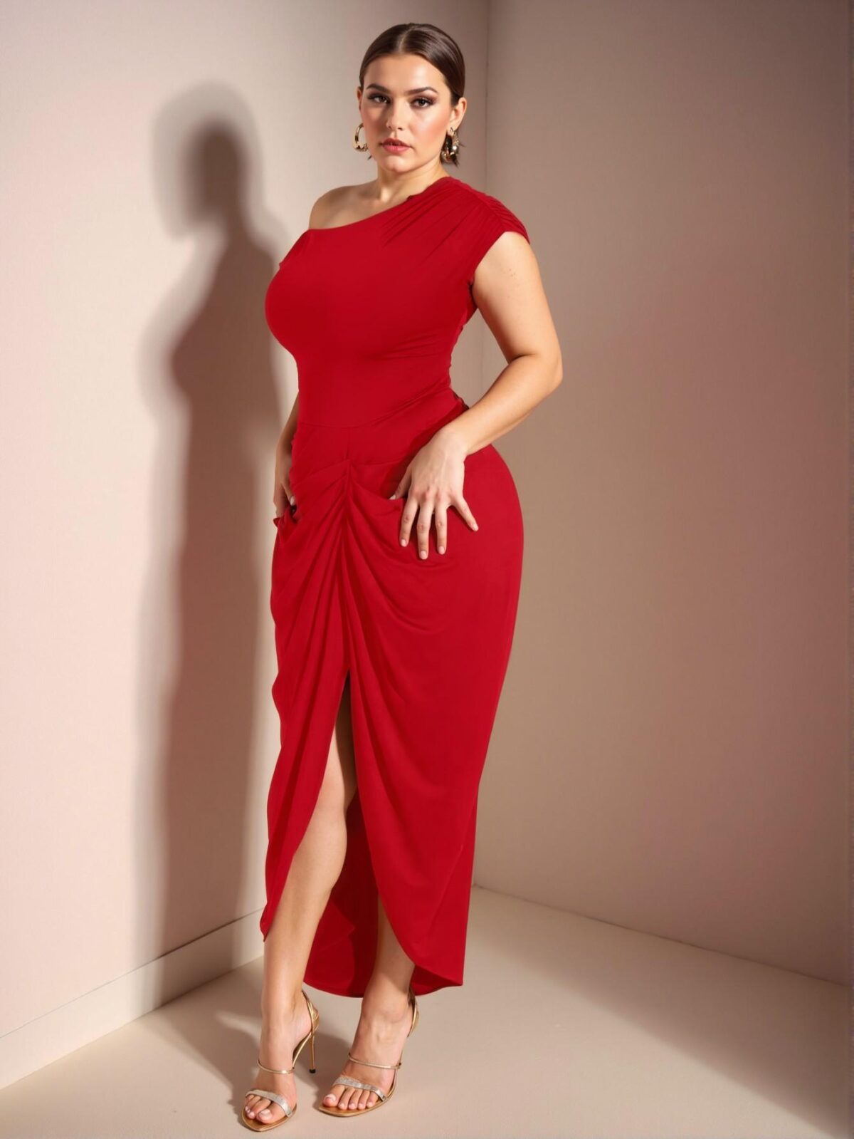 Elegant Red Off-Shoulder Draped Midi Dress with Asymmetric Hem and Split Thigh for Parties and Birthdays - Chic, Classy and Trendy Fashion Style to Dress to Impress - Image 4