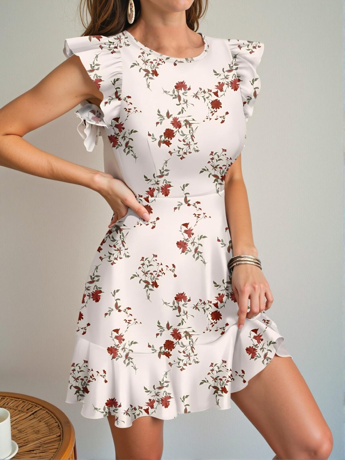Elegant Multicolor Boho Floral Print Ruffle Hem Mini Dress with Cap Sleeves for Summer Vacations and Tea Parties - Chic, Classy and Trendy Fashion Style to Dress to Impress - Image 3
