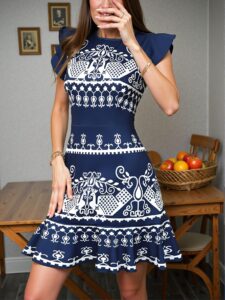 Elegant Blue and White Flounce Sleeve Waist-Cinched A-Line Dress, Perfect for Spring and Summer Occasions "Chic, Classy and Trendy Fashion Style to Dress to Impress"