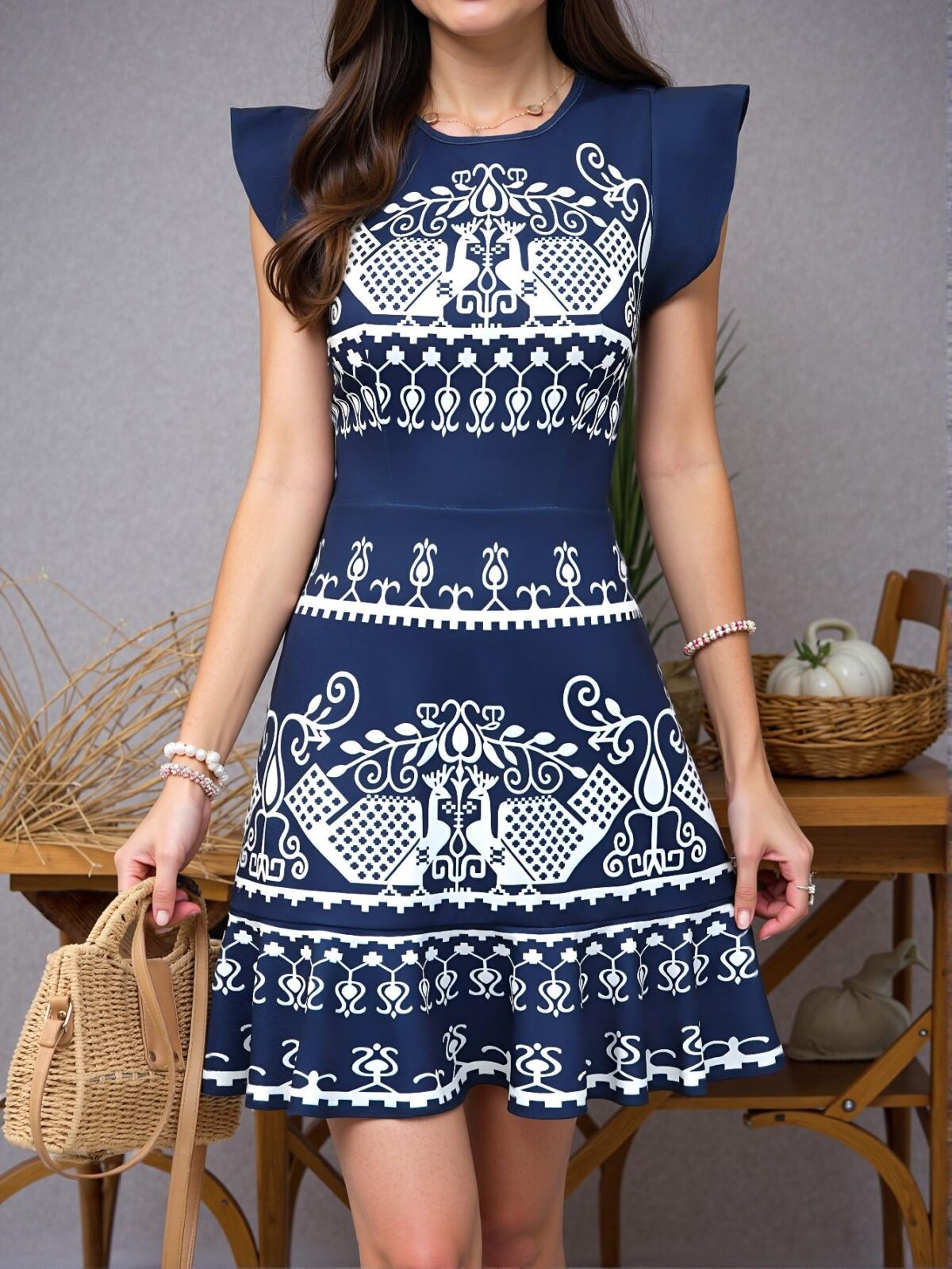 Elegant Blue and White Flounce Sleeve Waist-Cinched A-Line Dress, Perfect for Spring and Summer Occasions "Chic, Classy and Trendy Fashion Style to Dress to Impress" - Image 2
