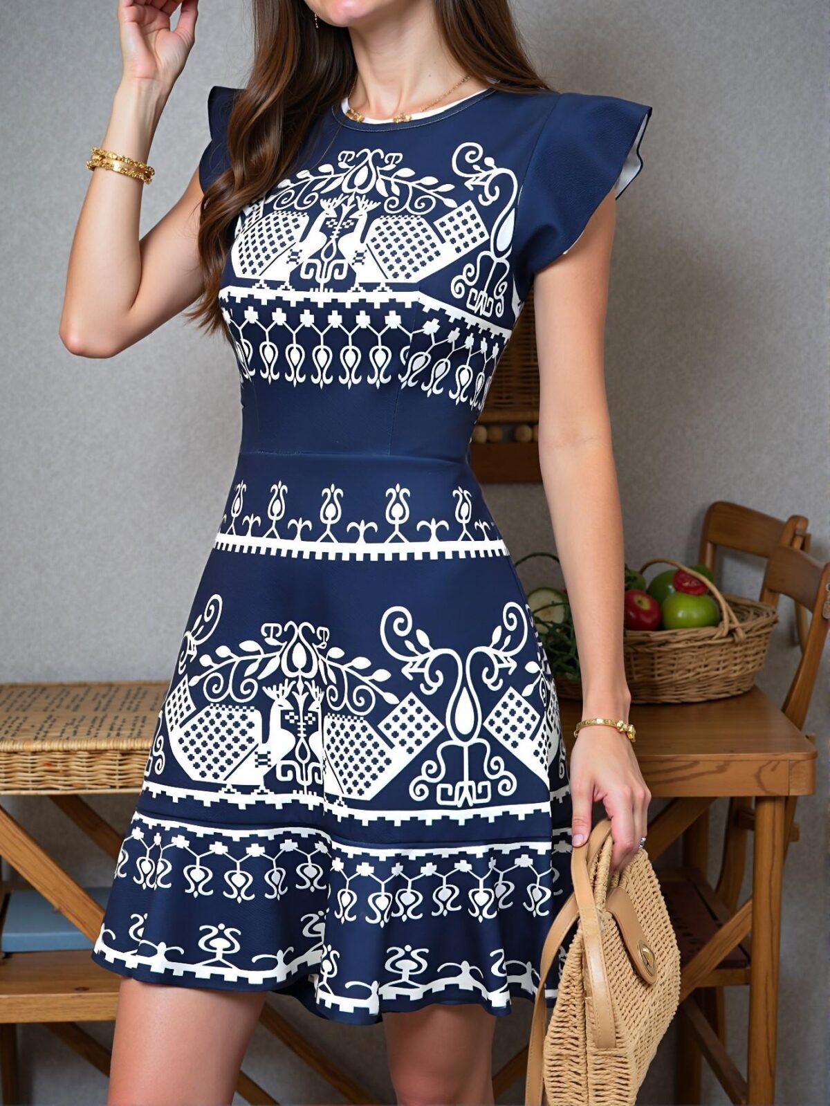 Elegant Blue and White Flounce Sleeve Waist-Cinched A-Line Dress, Perfect for Spring and Summer Occasions "Chic, Classy and Trendy Fashion Style to Dress to Impress" - Image 3