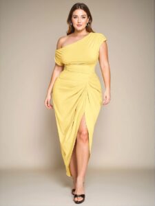 Elegant Yellow Asymmetrical Off-Shoulder Midi Dress with Draped Detailing and Slit for Formal Events and Birthdays - Chic, Classy and Trendy Fashion Style to Dress to Impress