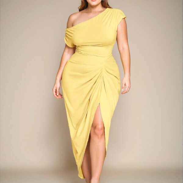 Elegant Yellow Asymmetrical Off-Shoulder Midi Dress with Draped Detailing and Slit for Formal Events and Birthdays - Chic, Classy and Trendy Fashion Style to Dress to Impress