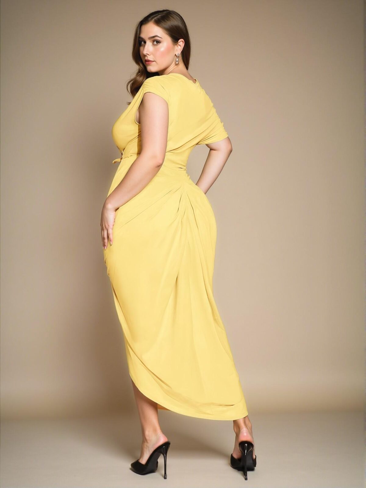 Elegant Yellow Asymmetrical Off-Shoulder Midi Dress with Draped Detailing and Slit for Formal Events and Birthdays - Chic, Classy and Trendy Fashion Style to Dress to Impress - Image 2