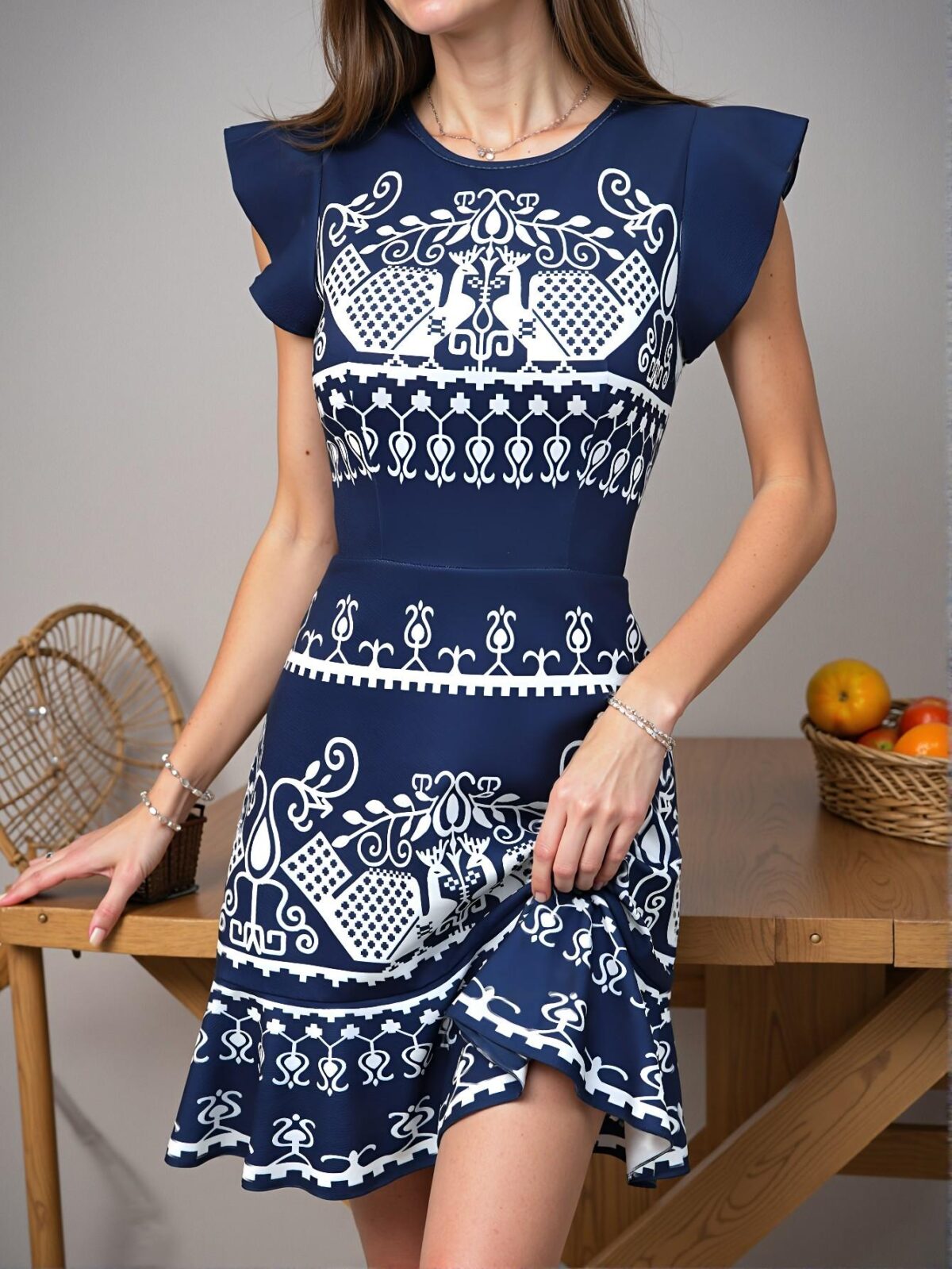 Elegant Blue and White Flounce Sleeve Waist-Cinched A-Line Dress, Perfect for Spring and Summer Occasions "Chic, Classy and Trendy Fashion Style to Dress to Impress" - Image 5
