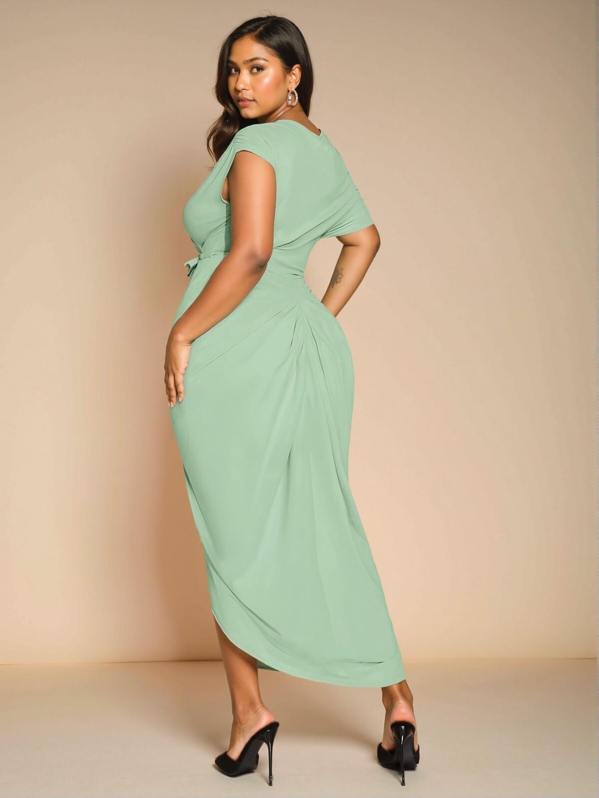 Elegant Mint Green Off-Shoulder Draped Midi Dress with Gathered Details and Slit for Special Occasions "Chic, Classy and Trendy Fashion Style to Dress to Impress" - Image 2