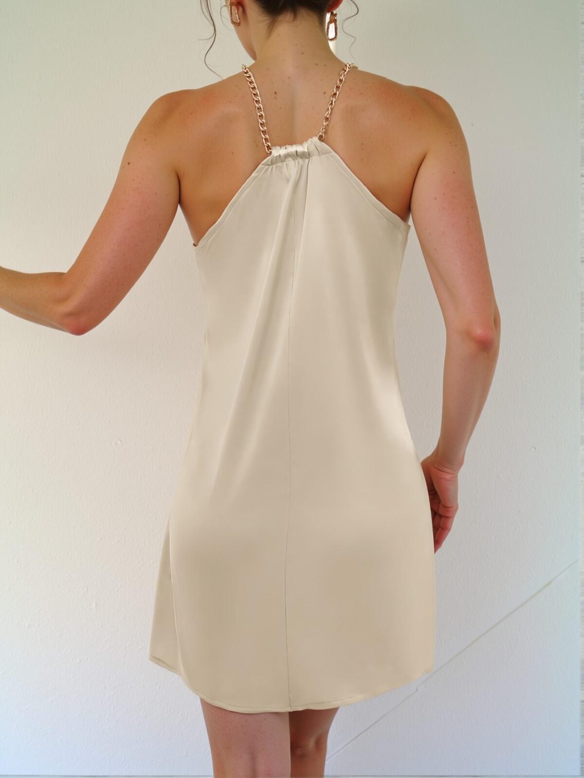 Elegant Champagne Halter Backless Mini Dress for Vacations and Warm Weather Outings - Chic, Classy, and Trendy Fashion Style to Dress to Impress - Image 2