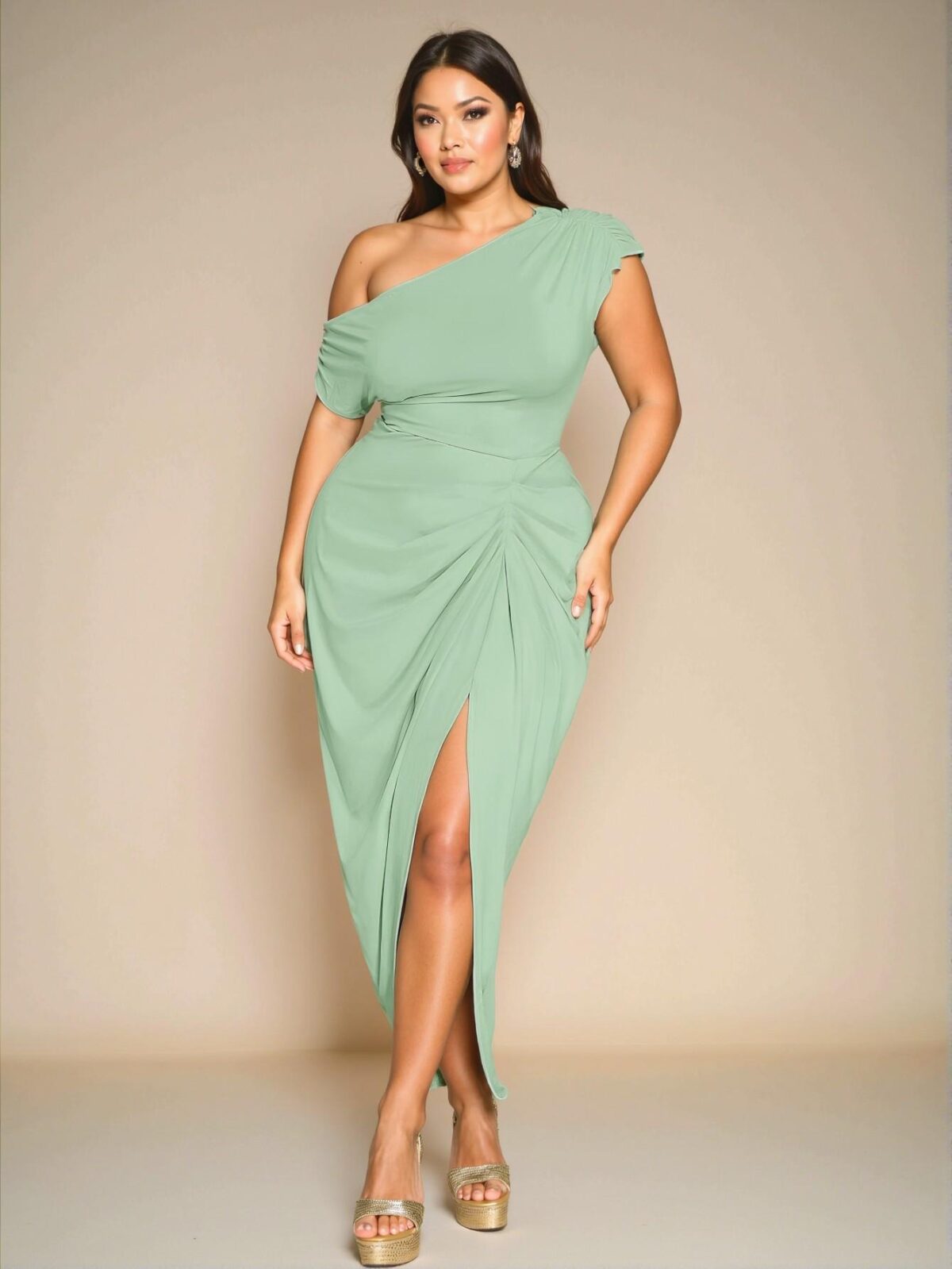 Elegant Mint Green Off-Shoulder Draped Midi Dress with Gathered Details and Slit for Special Occasions "Chic, Classy and Trendy Fashion Style to Dress to Impress" - Image 5