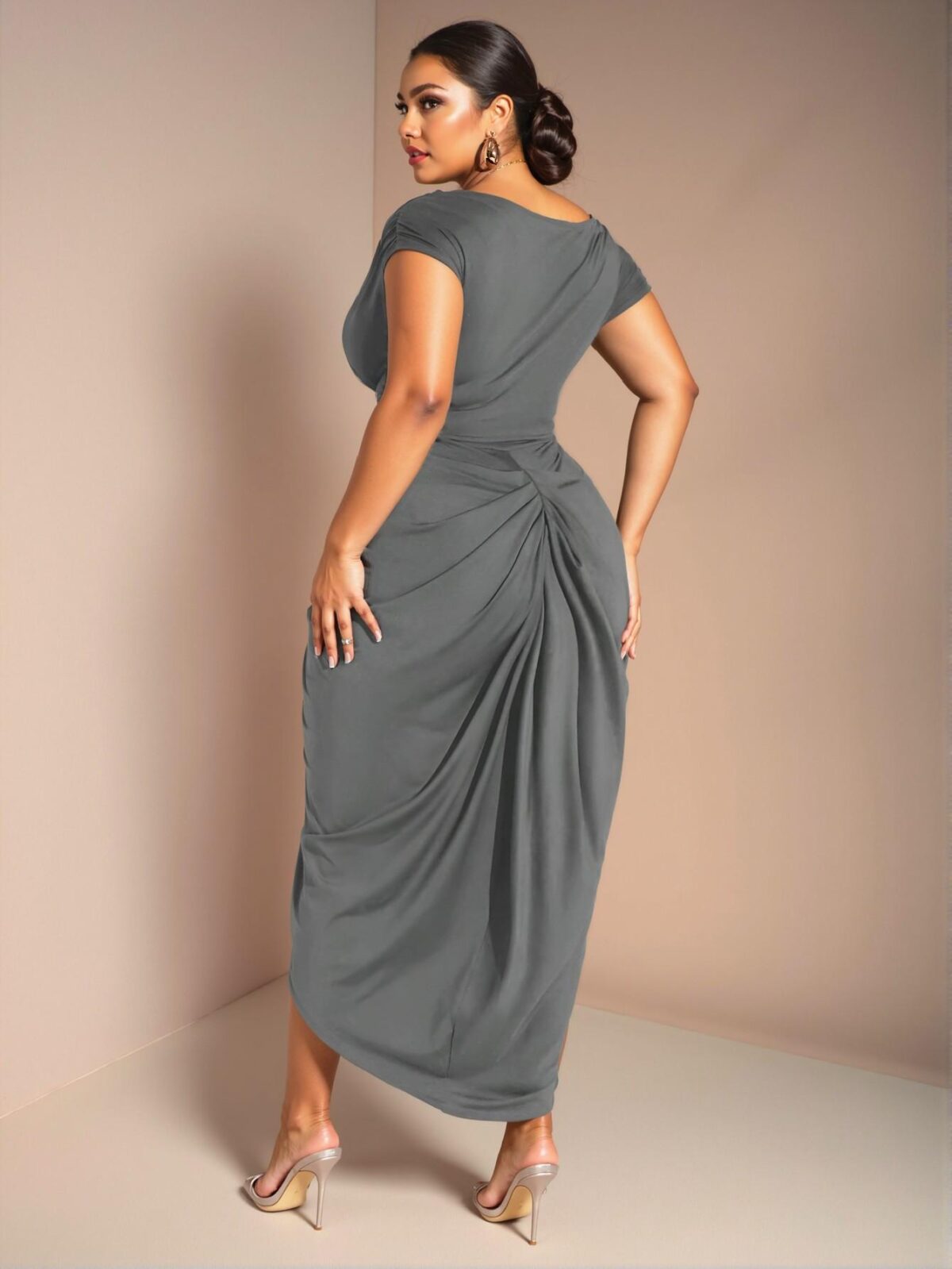Elegant Dark Grey Off-Shoulder Draped Midi Dress with Asymmetric Hem and Slit for Fashion-Forward Plus Size Women "Chic, Classy and Trendy Fashion Style to Dress to Impress" - Image 2