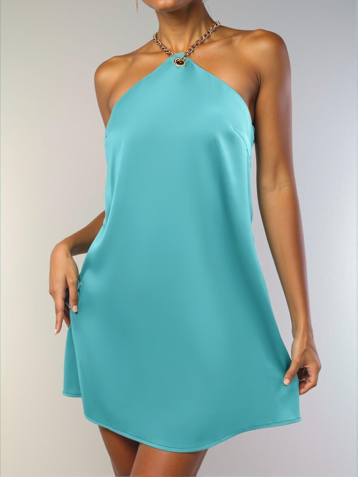 Elegant Green Alluring Halter Neck Chain Mini Dress Perfect for Spring and Summer Chic, Classy and Trendy Fashion Style to Dress to Impress