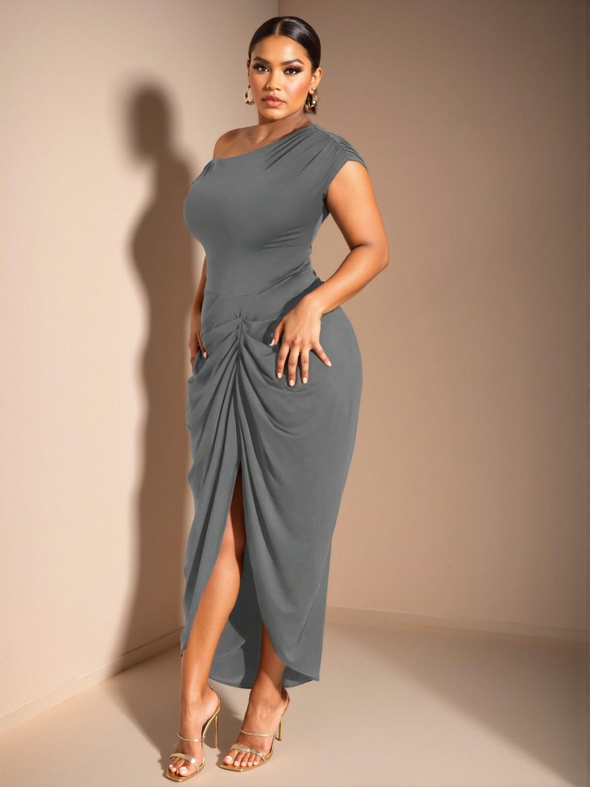 Elegant Dark Grey Off-Shoulder Draped Midi Dress with Asymmetric Hem and Slit for Fashion-Forward Plus Size Women "Chic, Classy and Trendy Fashion Style to Dress to Impress" - Image 4