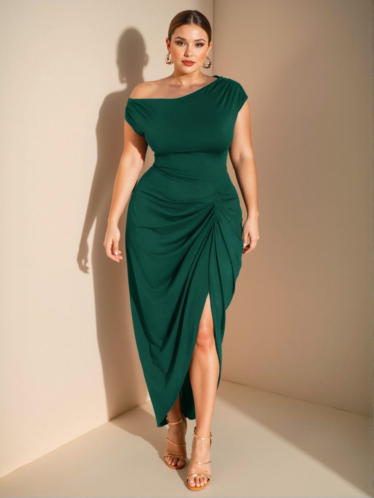 Elegant Dark Green Plus Size Women's Asymmetrical Neck Draped Midi Dress with Gathered Details for Parties and Special Occasions - Chic, Classy and Trendy Fashion Style to Dress to Impress