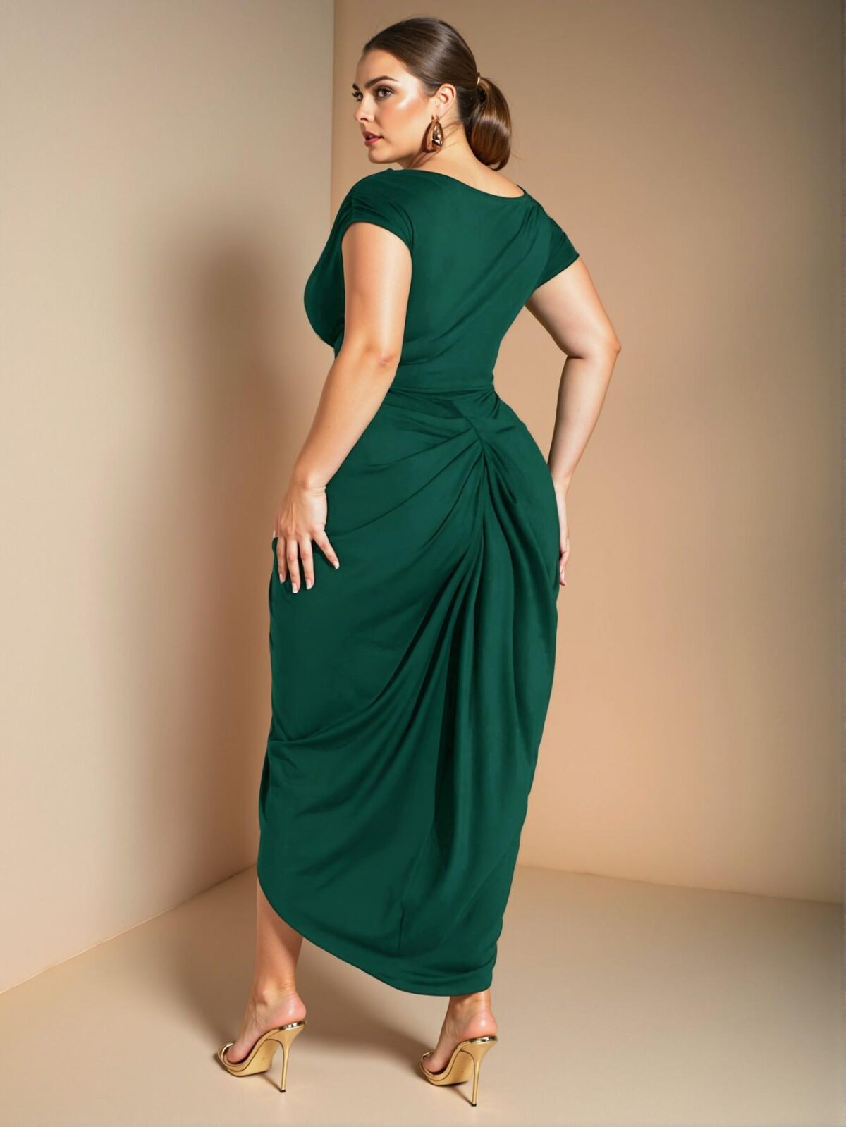 Elegant Dark Green Plus Size Women's Asymmetrical Neck Draped Midi Dress with Gathered Details for Parties and Special Occasions - Chic, Classy and Trendy Fashion Style to Dress to Impress - Image 2