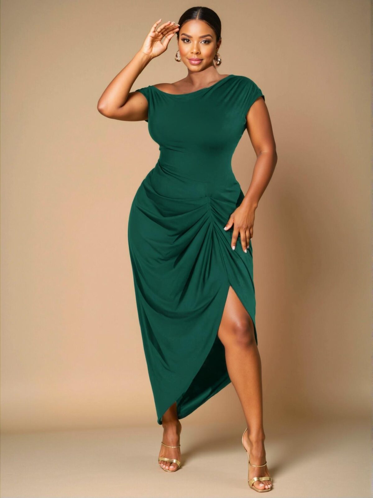 Elegant Dark Green Plus Size Women's Asymmetrical Neck Draped Midi Dress with Gathered Details for Parties and Special Occasions - Chic, Classy and Trendy Fashion Style to Dress to Impress - Image 4