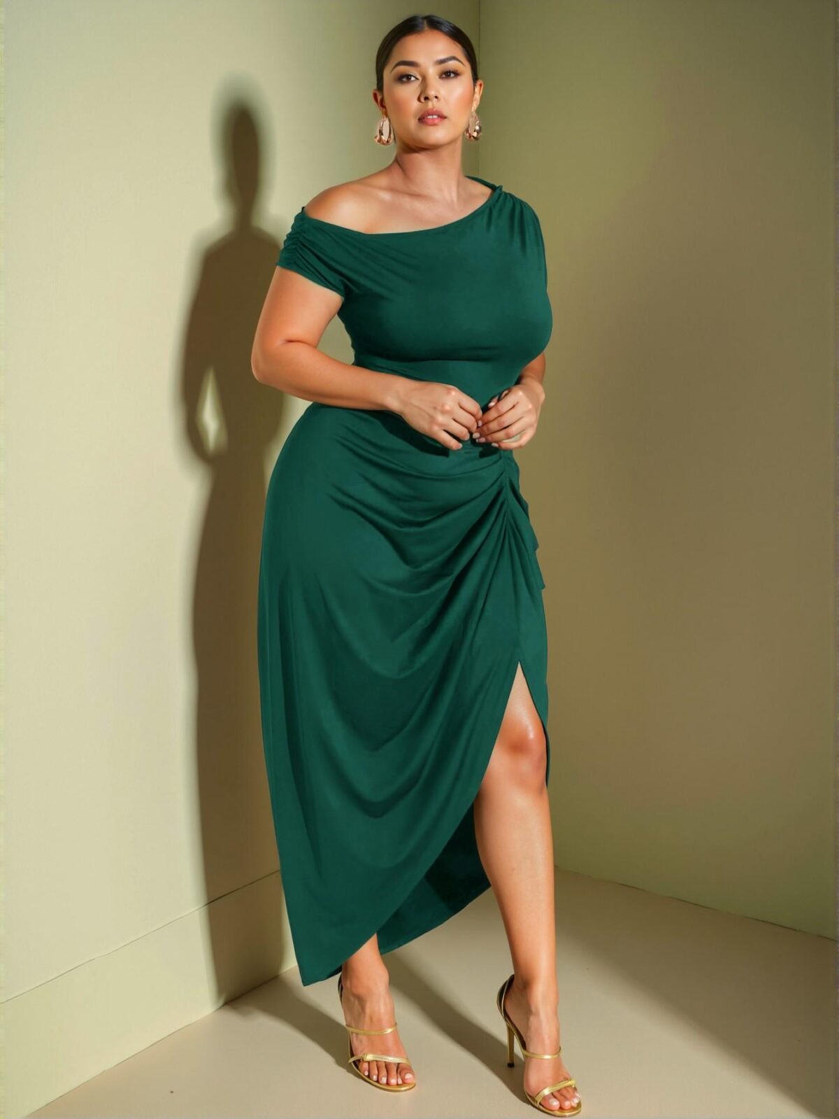 Elegant Dark Green Plus Size Women's Asymmetrical Neck Draped Midi Dress with Gathered Details for Parties and Special Occasions - Chic, Classy and Trendy Fashion Style to Dress to Impress - Image 5