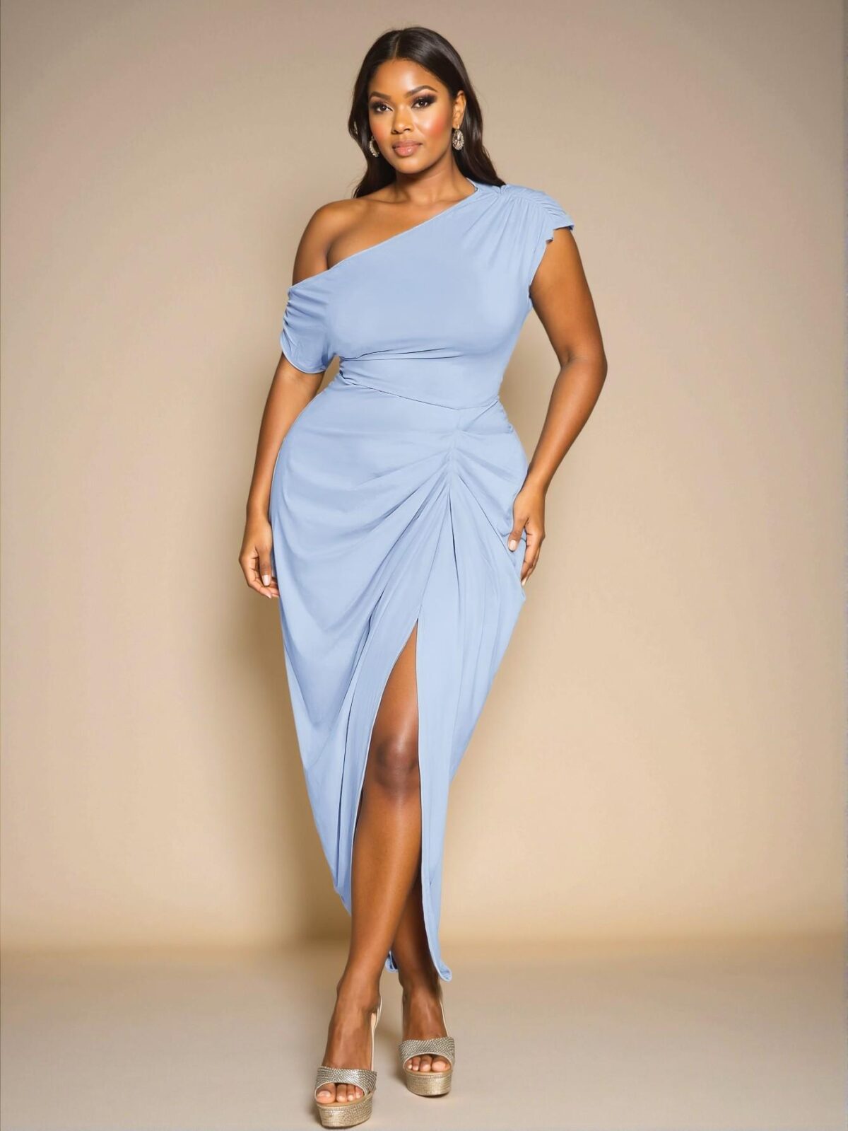 Elegant Baby Blue Plus Size Off-Shoulder Midi Dress with Draped Skirt and Asymmetrical Hem for Autumn and Winter Celebrations - Chic, Classy, and Trendy Fashion Style to Dress to Impress - Image 5