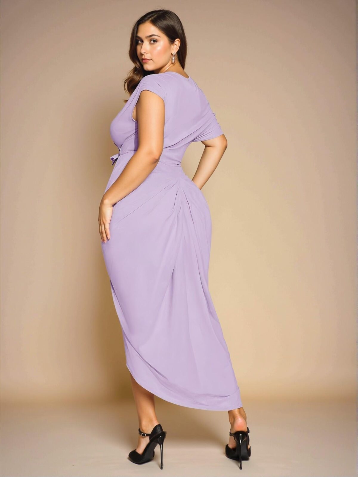 Elegant Mauve Purple Off-Shoulder Draped Midi Dress with Slit and Asymmetrical Hem for Plus Size Women - Chic, Classy, and Trendy Fashion Style to Dress to Impress - Image 2