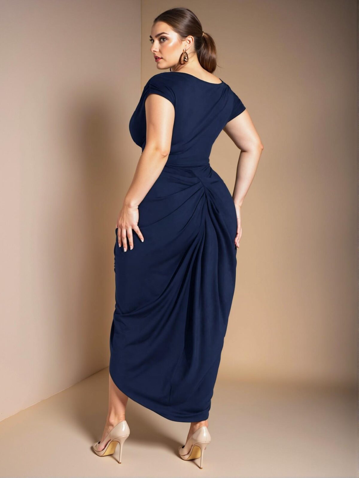 Elegant Navy Blue Off-Shoulder Draped Midi Dress with Gathered Details and Asymmetric Hem for Date Parties and Birthdays - Chic, Classy and Trendy Fashion Style to Dress to Impress - Image 2