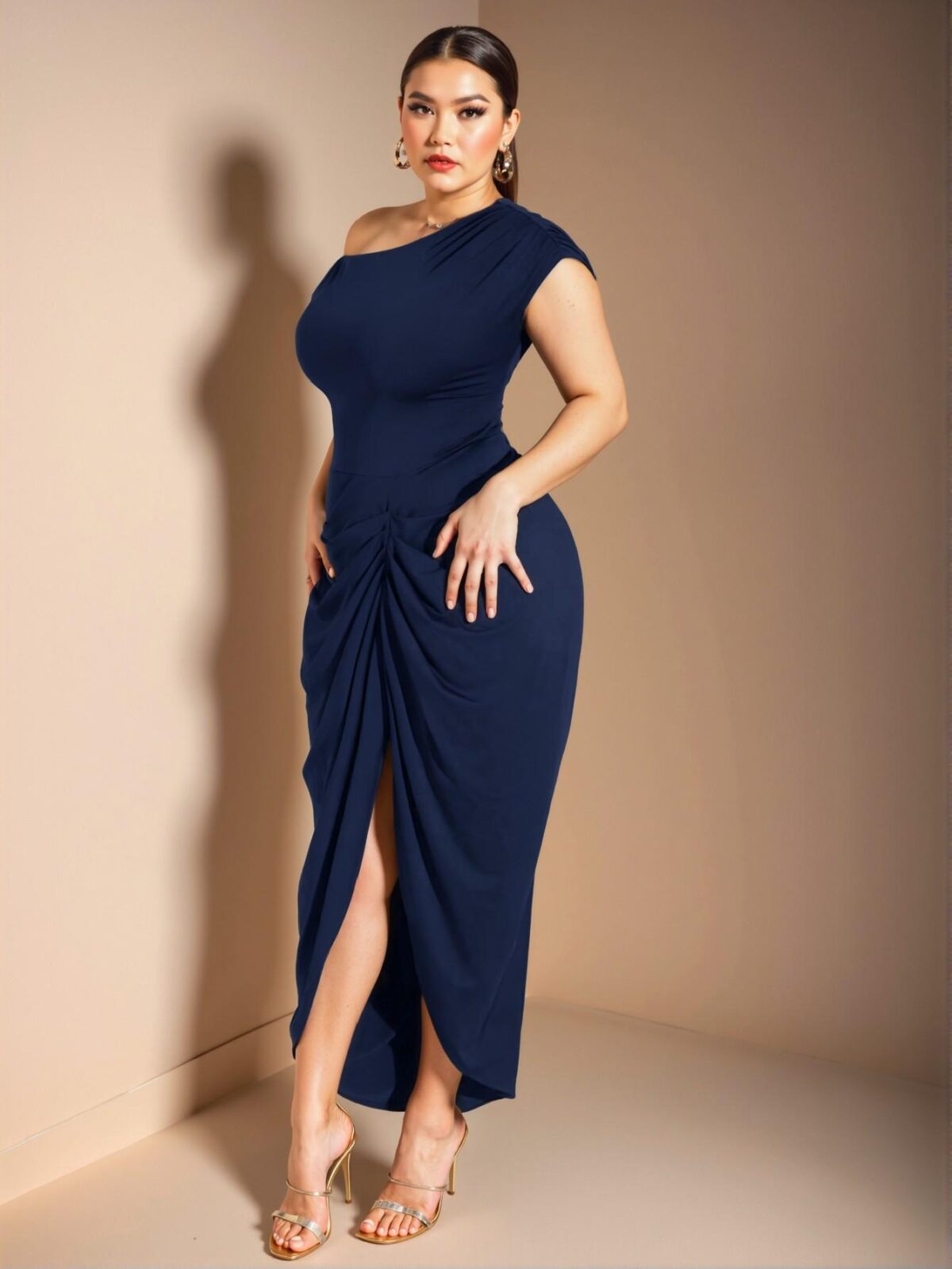 Elegant Navy Blue Off-Shoulder Draped Midi Dress with Gathered Details and Asymmetric Hem for Date Parties and Birthdays - Chic, Classy and Trendy Fashion Style to Dress to Impress - Image 4