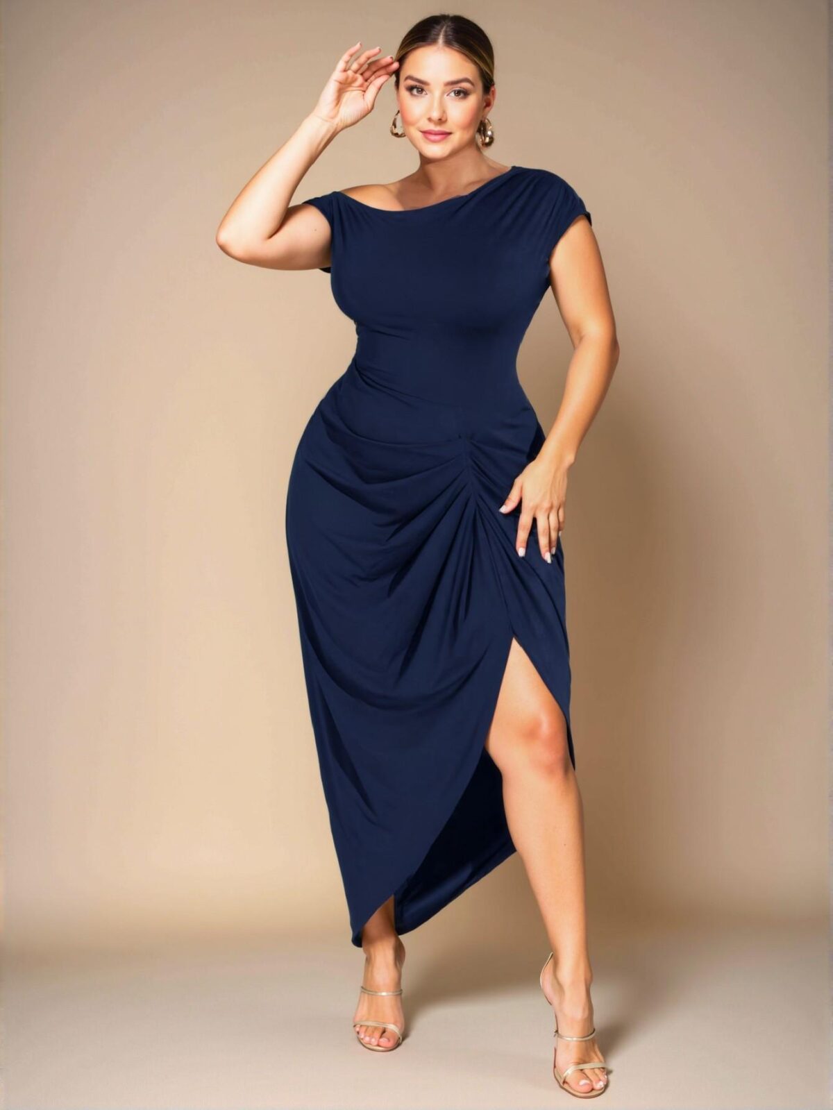 Elegant Navy Blue Off-Shoulder Draped Midi Dress with Gathered Details and Asymmetric Hem for Date Parties and Birthdays - Chic, Classy and Trendy Fashion Style to Dress to Impress - Image 5