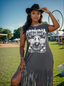 Elegant Dark Grey Plus Size Casual Fringe Hem Tee Dress for Bohemian-Inspired Summer Events and Vacations - Chic, Classy and Trendy Fashion Style to Dress to Impress