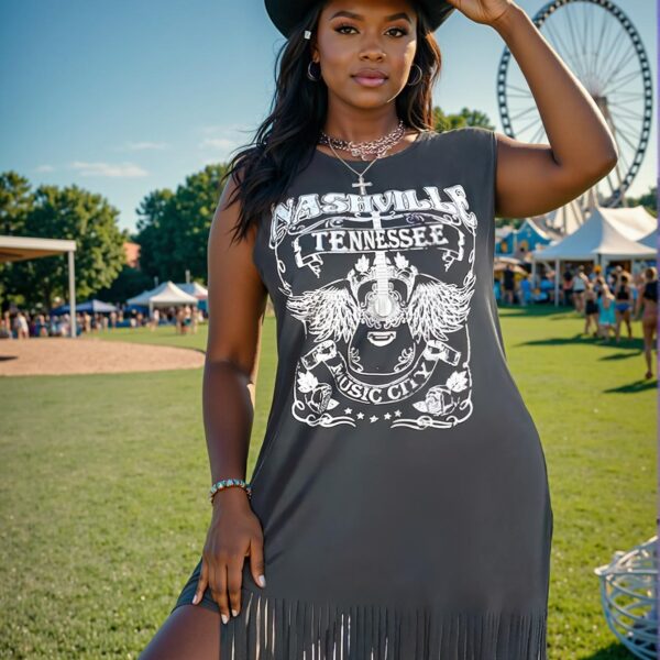 Elegant Dark Grey Plus Size Casual Fringe Hem Tee Dress for Bohemian-Inspired Summer Events and Vacations - Chic, Classy and Trendy Fashion Style to Dress to Impress