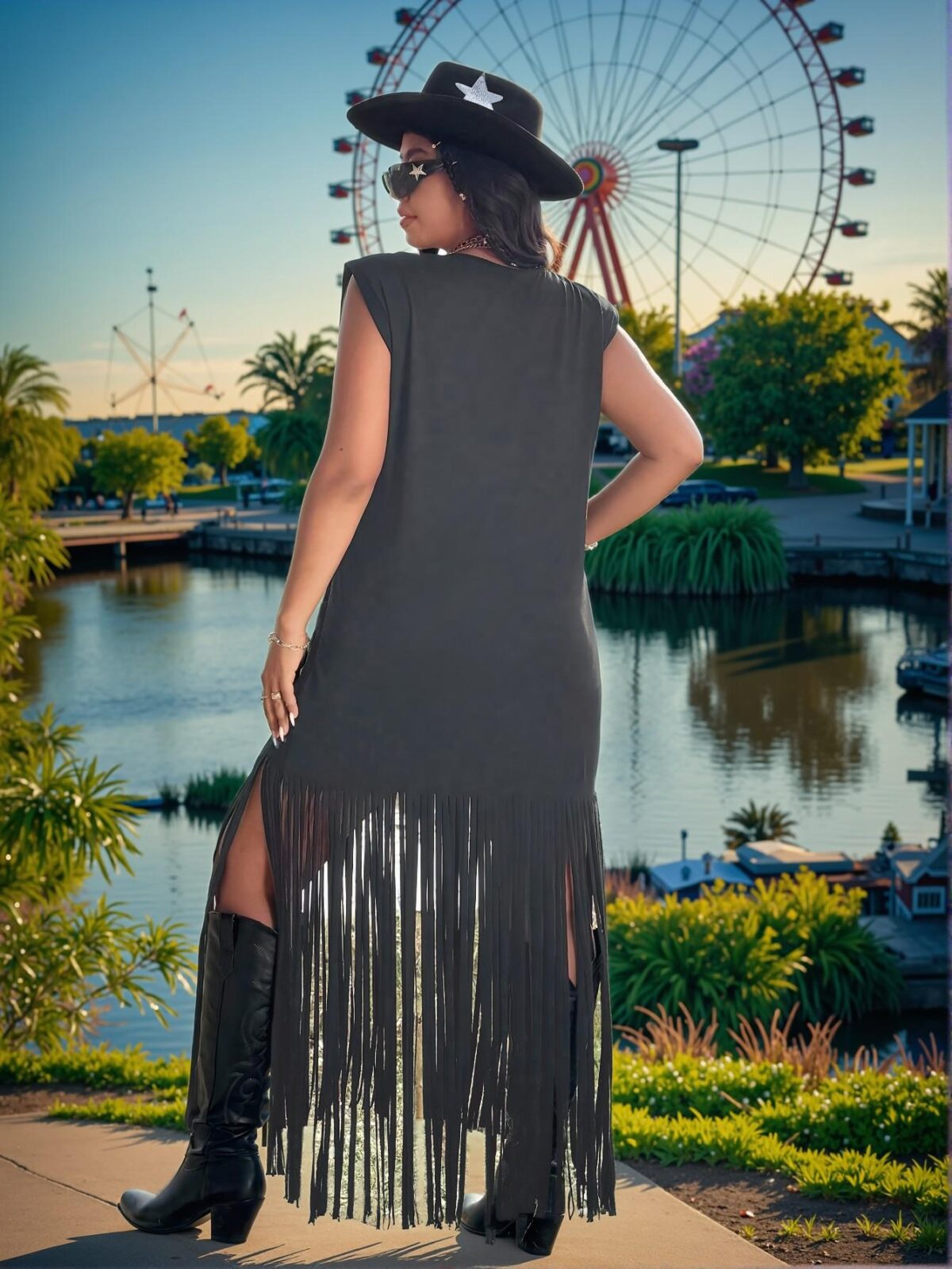 Elegant Dark Grey Plus Size Casual Fringe Hem Tee Dress for Bohemian-Inspired Summer Events and Vacations - Chic, Classy and Trendy Fashion Style to Dress to Impress - Image 2