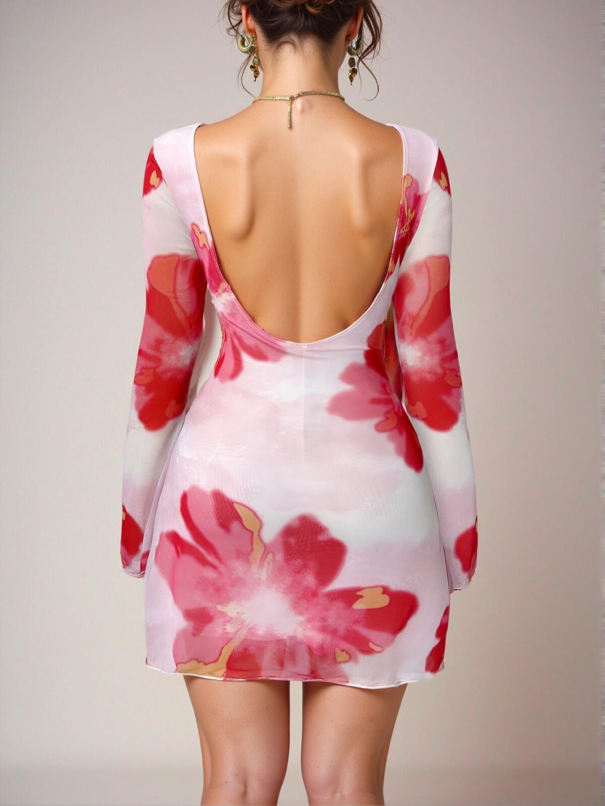 Elegant Multicolor Boho Floral Open Back Mini Dress with Flare Sleeves and Lettuce Trim for Beach and Wedding Occasions - Chic, Classy, and Trendy Fashion Style to Dress to Impress - Image 2