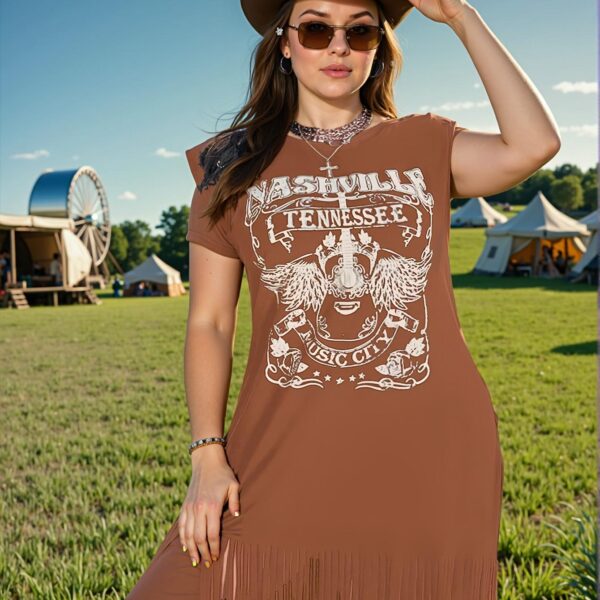 Elegant Mocha Brown Bohemian Puff Sleeve Round Neck Dress with Tassel Detail for Festivals, Hippie, Cowgirl, and Old Money Vibes - Chic, Classy, and Trendy Fashion Style to Dress to Impress