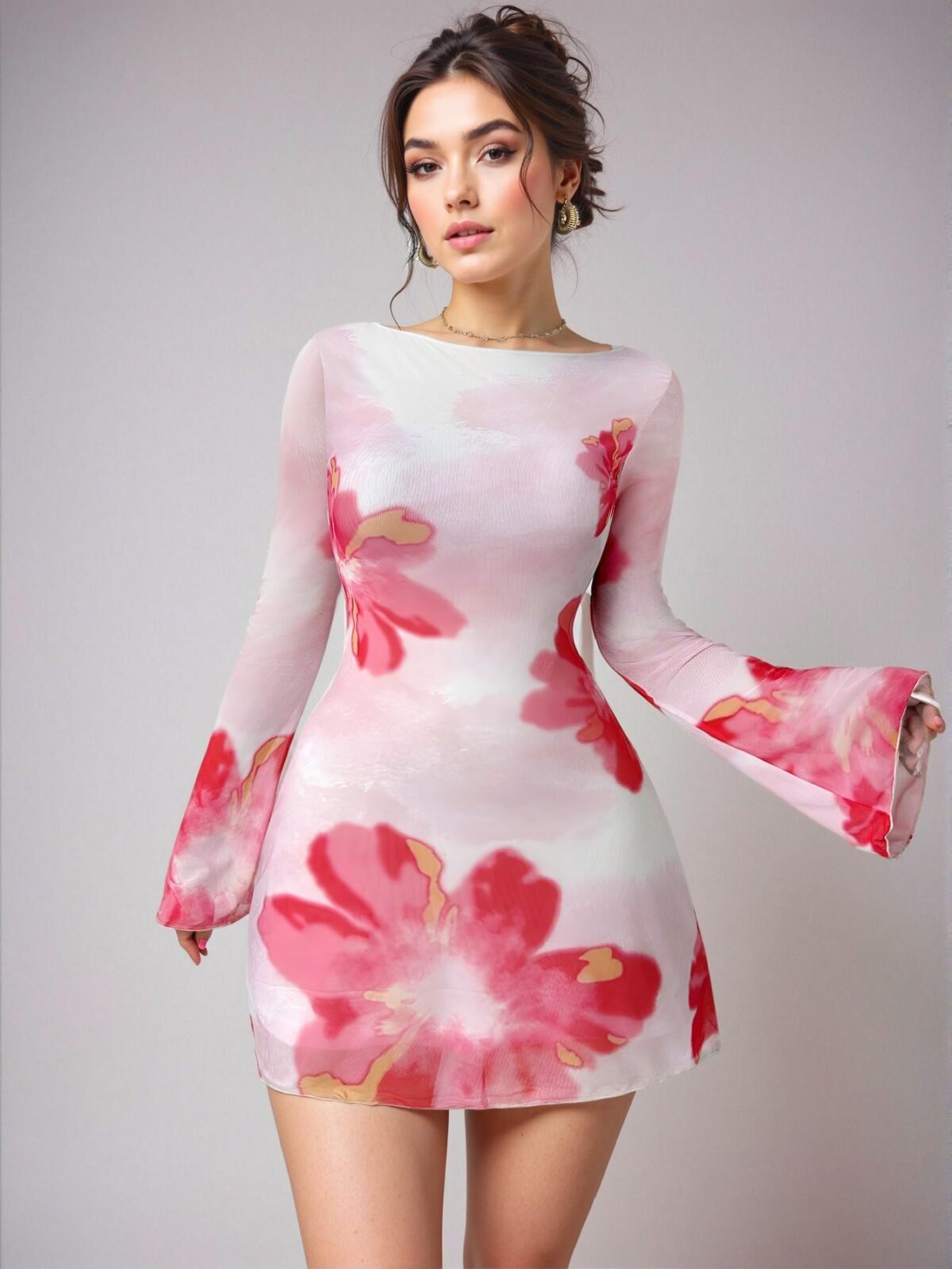 Elegant Multicolor Boho Floral Open Back Mini Dress with Flare Sleeves and Lettuce Trim for Beach and Wedding Occasions - Chic, Classy, and Trendy Fashion Style to Dress to Impress - Image 5