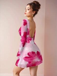 Elegant Purple Floral Backless Mini Dress with Trumpet Sleeves for Romantic Beach Weddings and Summer Vacations - Chic, Classy and Trendy Fashion Style to Dress to Impress