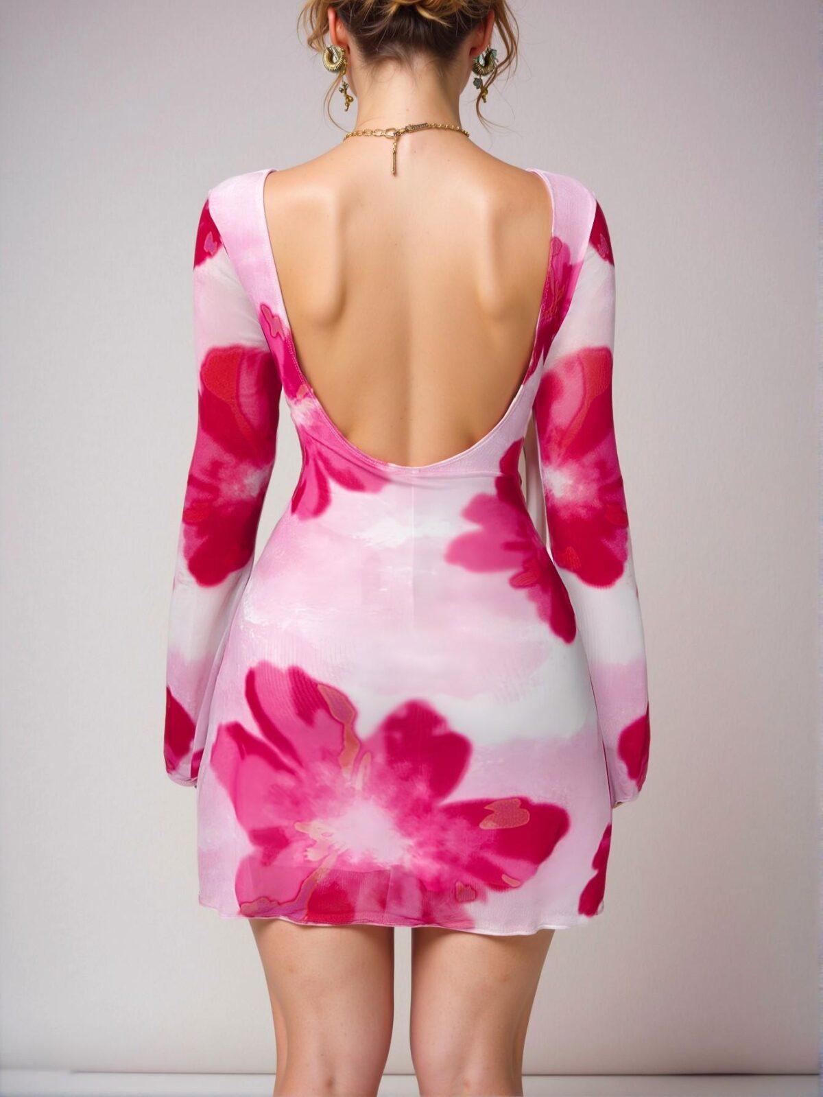 Elegant Purple Floral Backless Mini Dress with Trumpet Sleeves for Romantic Beach Weddings and Summer Vacations - Chic, Classy and Trendy Fashion Style to Dress to Impress - Image 2