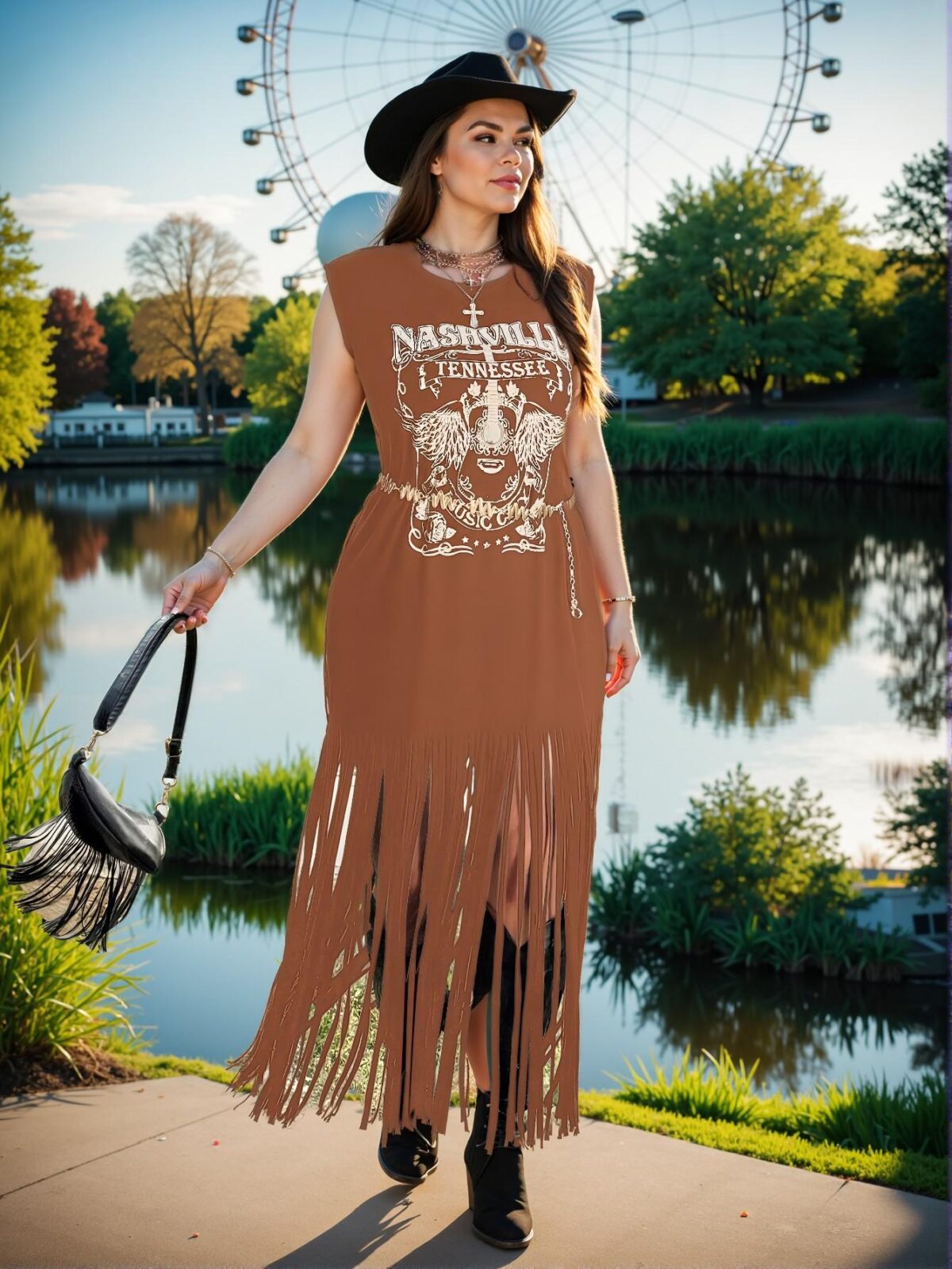 Elegant Mocha Brown Bohemian Puff Sleeve Round Neck Dress with Tassel Detail for Festivals, Hippie, Cowgirl, and Old Money Vibes - Chic, Classy, and Trendy Fashion Style to Dress to Impress - Image 5