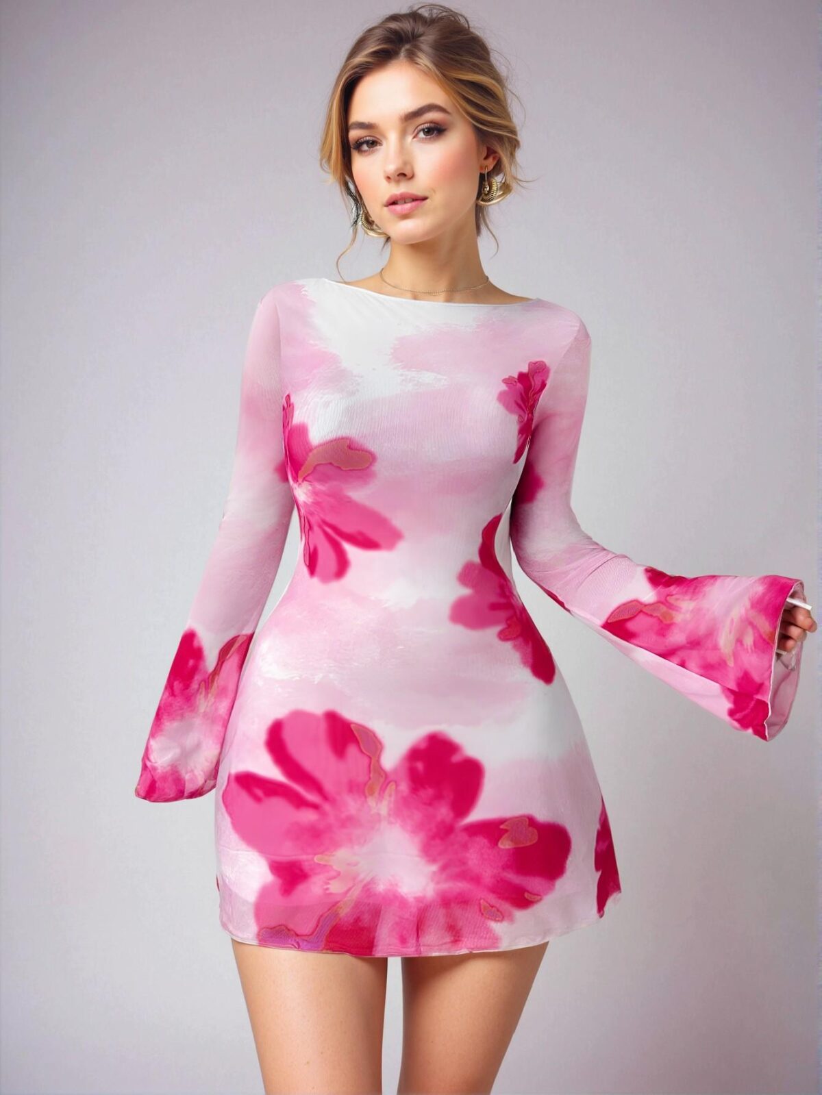 Elegant Purple Floral Backless Mini Dress with Trumpet Sleeves for Romantic Beach Weddings and Summer Vacations - Chic, Classy and Trendy Fashion Style to Dress to Impress - Image 5