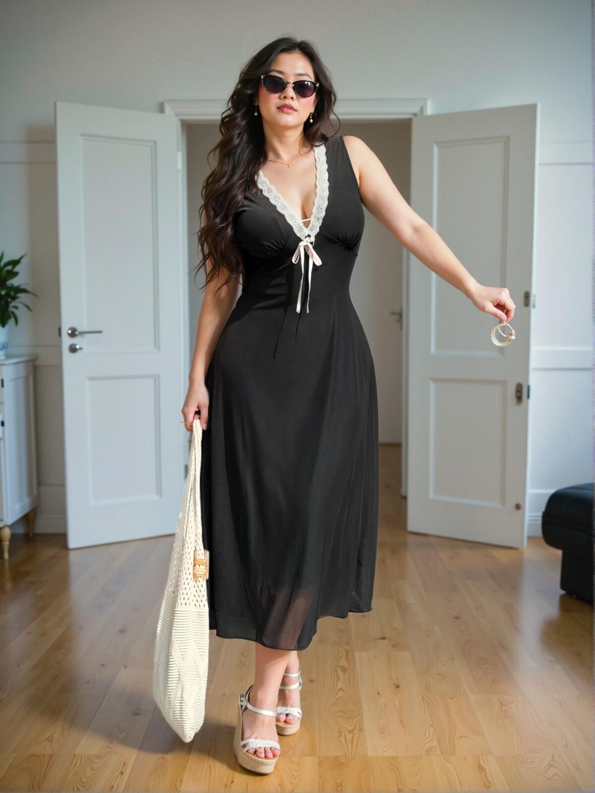 Elegant Black Stylish Plus Size Leopard Mesh Midi Dress, Chic and Fashionable Choice for Casual Spring and Summer Outings, Chic, Classy and Trendy Fashion Style to Dress to Impress - Image 4