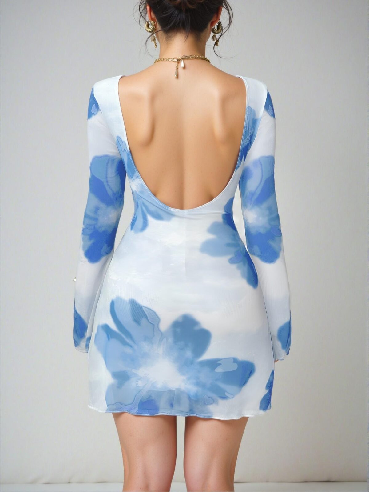 Elegant Baby Blue Floral Backless Mesh Mini Dress with Trumpet Sleeves, Perfect for Beach Vacations and Romantic Dates – Chic, Classy and Trendy Fashion Style to Dress to Impress - Image 2