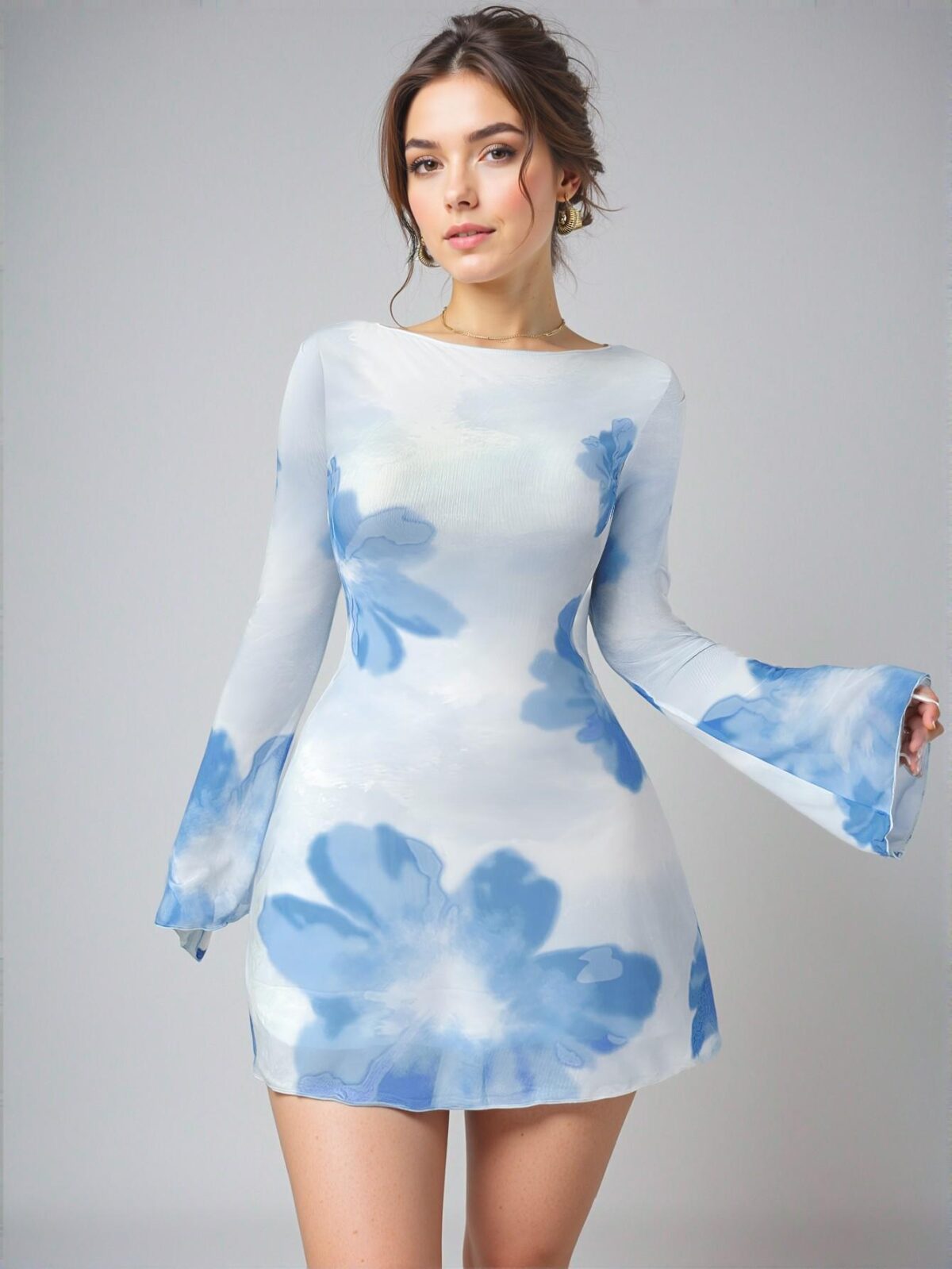 Elegant Baby Blue Floral Backless Mesh Mini Dress with Trumpet Sleeves, Perfect for Beach Vacations and Romantic Dates – Chic, Classy and Trendy Fashion Style to Dress to Impress - Image 5