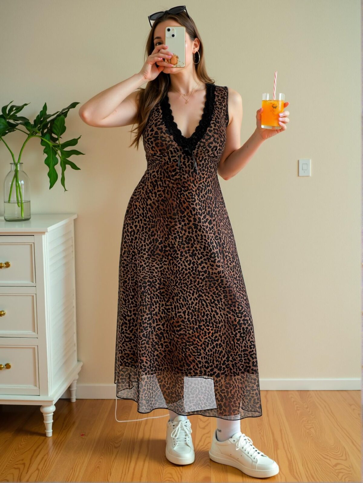 Elegant Brown Casual Leopard Print Mesh Long Dress for Effortless Spring and Summer Style - Chic, Classy and Trendy Fashion to Dress to Impress - Image 3
