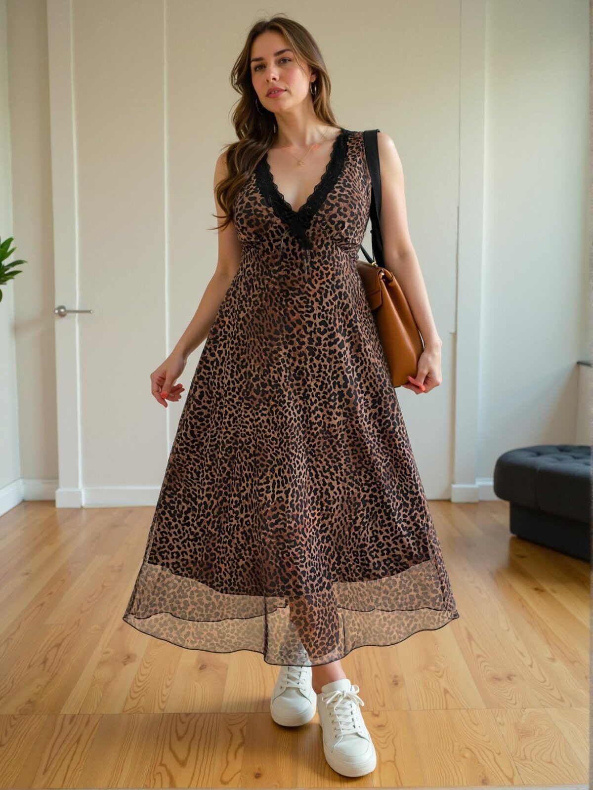 Elegant Brown Casual Leopard Print Mesh Long Dress for Effortless Spring and Summer Style - Chic, Classy and Trendy Fashion to Dress to Impress - Image 4