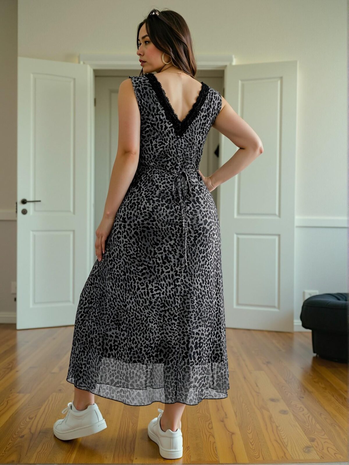 Elegant Grey V-Neck A-Line Dress with Contrast Lace and Leopard Print for Spring and Summer, Chic, Classy, and Trendy Fashion Style to Dress to Impress - Image 2